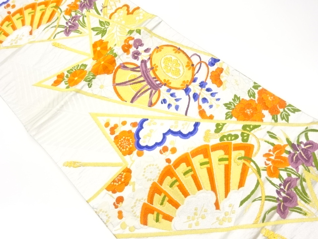 矢に扇・鼓・草花模様織出し袋帯